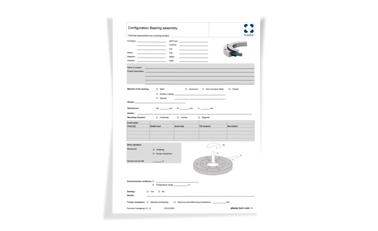 Configuration form for Franke bearing assemblies