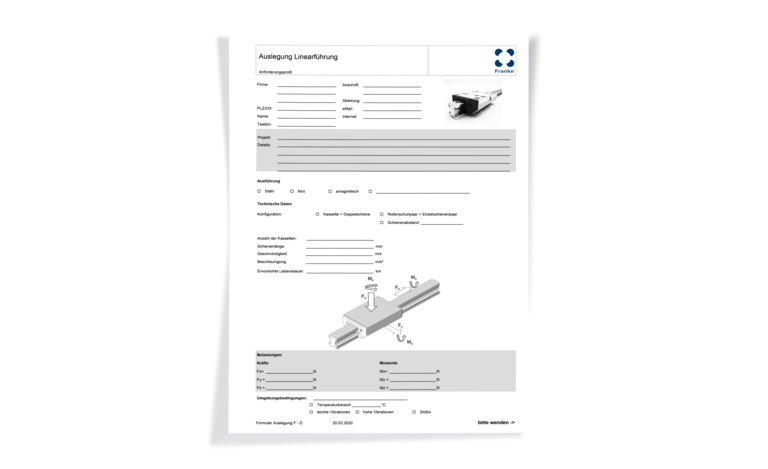 Auslegungsformular für Franke Linearführungen
