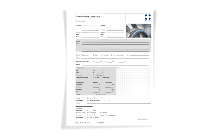 Specification form for the Franke direct drive LTD