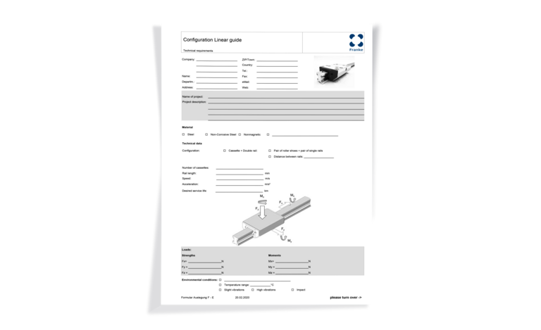 Configuration form for Franke linear guides